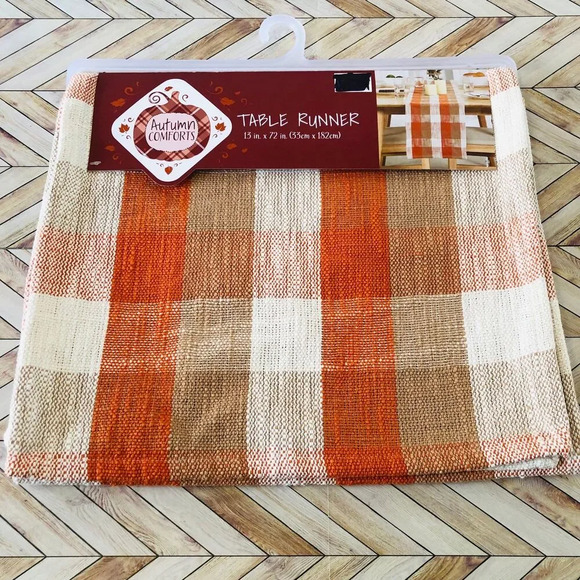 Autumn Fall Table Runner Orange, Beige & Brown Plaid Country Farmhouse - Picture 1 of 5